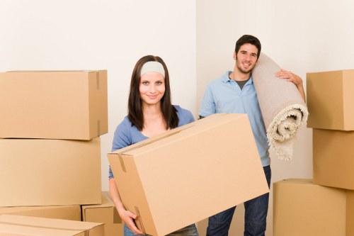 Moving crew organizing boxes during a house removal in Roehampton